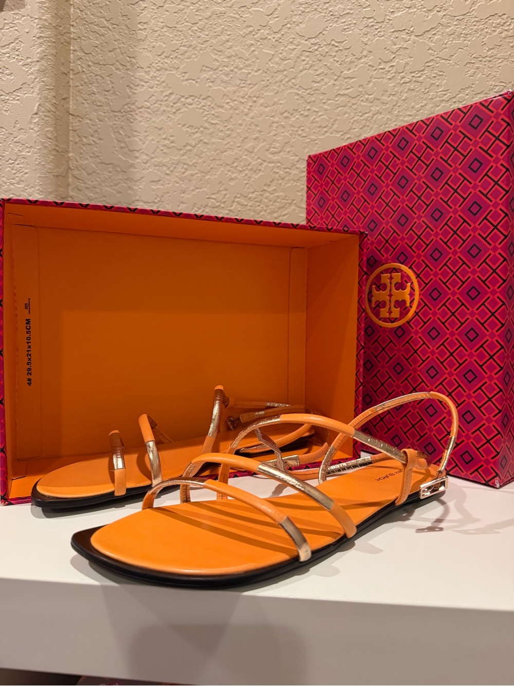 Tory Burch Orange and Gold Strappy Flat Sandals